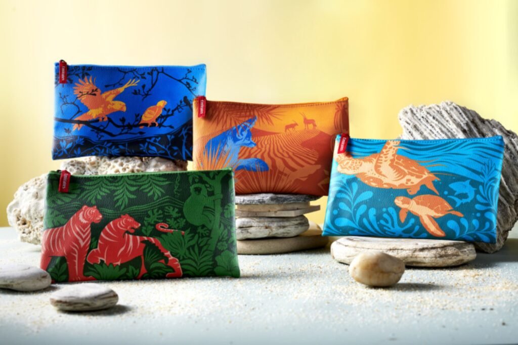 Emirates’ new Premium Economy amenity kits feature hand-drawn designs highlighting endangered wildlife.