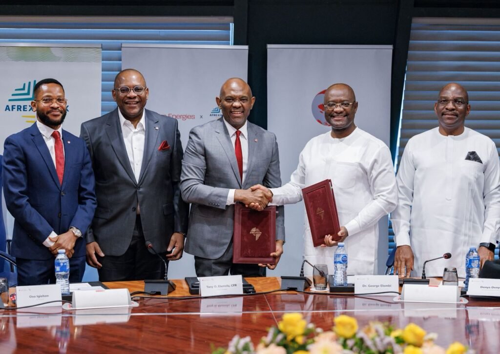 Dr. George Elombi of Afreximbank and Mr. Tony O. Elumelu of Heirs Energies sign the $750-million financing agreement in Abuja.