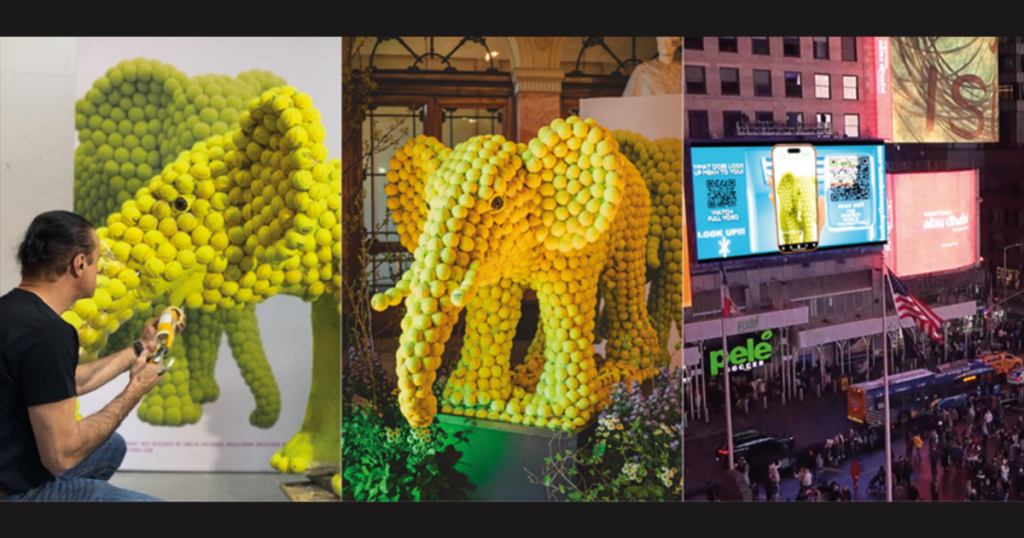 Used tennis balls have been transformed into a one-of-a-kind elephant artwork.